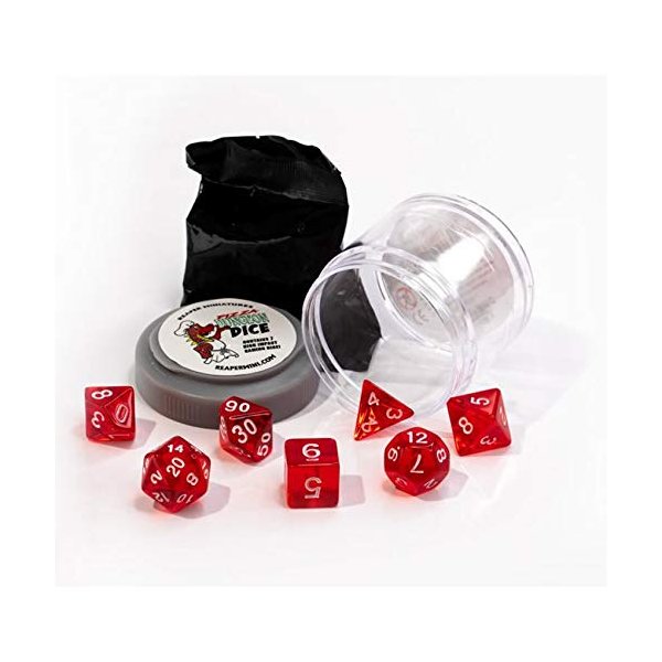 Clear Red Lucky Dice Set 16mm (5/8 inch) Dungeon Dice with Random Miniature Included Reaper