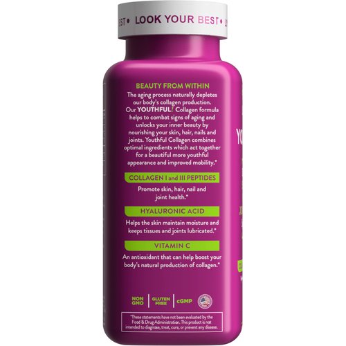 Health Logics Youthful Collagen 6,000 mg | Collagen Peptides Types 1 and 3 with Hyaluronic Acid and Vitamin C | Anti-Aging Collagen for Healthy Joints & Skin | 120 Collagen Tablets