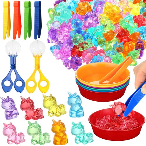 Leitee 62 Pcs Fine Motor Toys Counting Sorting Sensory Bin Filler, 50 Unicorn Acrylic Beads 4 Tweezers 2 Scissors Clips 6 Cups for Boys Girls Early Education and Sorting Counting Training Development