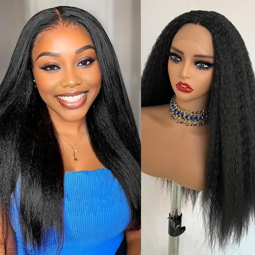 Oxeely Kinky Straight Synthetic Lace Front Wigs 200% Density Pre Plucked T Part Wig Long Yaki Straight Wig Natural Black Hair Wig Yaki Lace Front Wigs for Black Women 28 Inch