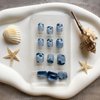 Press on Nails Short Square Fake Nails Summer False Nails Ocean Sea Wave Design Acrylic Stick on Nails Blue Glossy Glue on Nails Artificial Nails for Women 24pcs