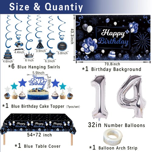 Miidenks 14th Birthday Decorations Set for Boy, Navy Blue Silver Black Happy 14 Birthday Party Decorations with Birthday Backdrop Banner Birthday Tablecloth 14 Number Balloons for Him