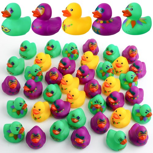 Lunmon 40 Pcs 2 Inch Mardi Gras Rubber Ducks Bulk Tiny Yellow Green Purple Duck Mini Rubber Ducky Bath Toys for Mardi Gras Carnival Themed Party Favors Baby Shower Pool Decoration, 5 Styles