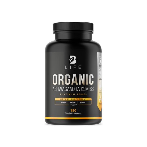 Vegan Pure Organic Ashwagandha Powder KSM-66 Extract and Organic Black Pepper | 180 Caps - 90 Days | Stress Support, Mood Enhancer | Made in The USA by B Life.