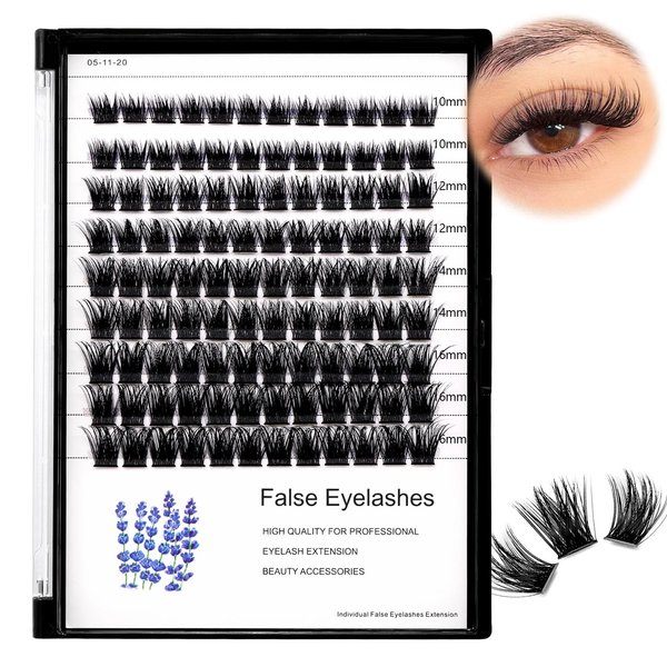 Hannahool Wide Stem Individual False Eyelashes Mixed 8-10-12-14mm/10-12-14-16mm Dramatic Black Soft and Light Thick Base Cluster Lashes D Curl 5D Volume Eye Lashes Extensions (10-12-14-16mm)