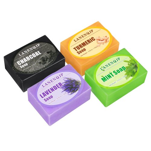 LANENQJP Natural Soap for Men & Women, Handmade Soap for face & body, Men's Organic Soap Bar For All Skin Types, Turmeric Soap Bar, Charcoal Soap, Lavender and Mint Soap, 4.23 oz(4 pack)