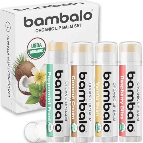 Bambalo USDA Organic Variety 4-Pack Lip Balm Set – Beeswax, Coconut Oil – Best Lip Repair for Dry, Cracked Lips – Moisturizing Lip Care