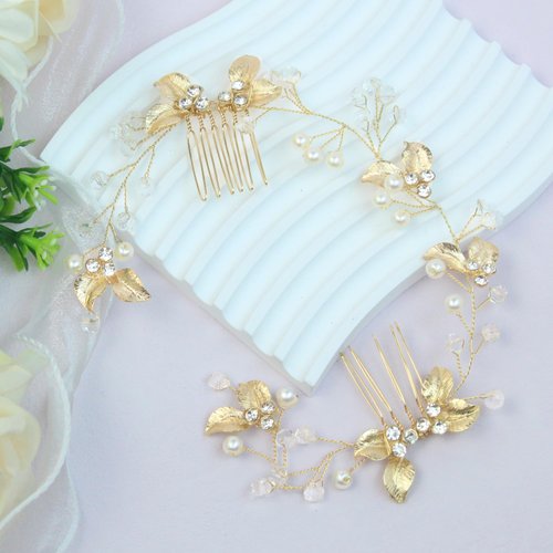 PTORIZNY Crystal Wedding Hair Comb Rhinestone Pearl Bride Hair Combs Gold Side Hair Combs Leaf Pearl Headpiece Bridal Hair Accessories for Women