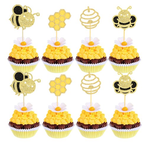 24Pcs Bumble Bee Cupcake Toppers Glitter Heart Honeycomb Bee Cupcake Picks BaBy Shower Cake Decorations for Bee Theme Baby Shower Kids Birthday Party Supplies