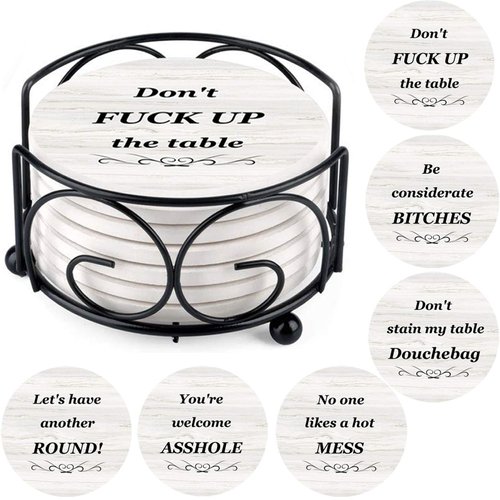 Coasters for Drinks, Funny Drink Coasters Absorbent with Holder 6 Pcs Absorbing Stone Funny Coaster Gift Set Housewarming Gift New Home Apartment Kitchen House Decor Gift for Women Men