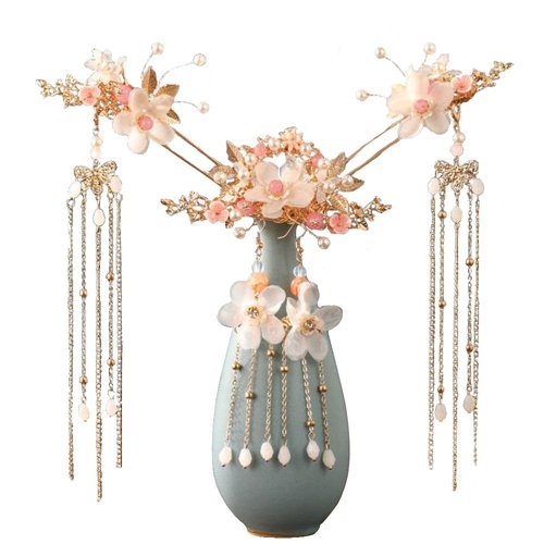 Leadigol Vintage Hair Sticks,Chinese Style Hair Sticks, Long Tassel Hair Stick Flower Crystal Pearl Hair Pins,Handmade Hair Sticks/Hair Comb/Earrings Set