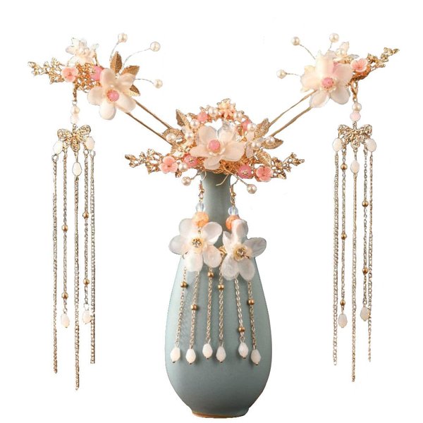 Leadigol Vintage Hair Sticks,Chinese Style Hair Sticks, Long Tassel Hair Stick Flower Crystal Pearl Hair Pins,Handmade Hair Sticks/Hair Comb/Earrings Set