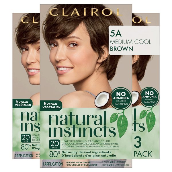 Clairol Natural Instincts Demi-Permanent Hair Dye, 5A Medium Cool Brown Hair Color, Pack of 3