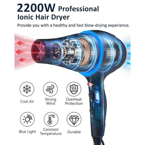 Hair Dryer with Diffuser, Professional Ionic Hair Dryer with Blue Light AC Motor, 2000W Fast Drying Hair Blow Dryer (Black with 2*Nozzle)