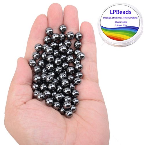 LPBeads 100PCS 8mm Natural Hematite Beads Gemstone Round Loose Beads for Jewelry Making with Crystal Stretch Cord