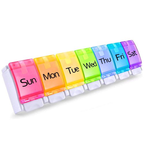 PERFORMORE Portable Weekly 7-Day Pill Organizer, Travel Medicine Box, Rainbow Color, BPA Free with Easy Push Button Design Case Holder for Pills, Vitamin, Supplements and Medicine