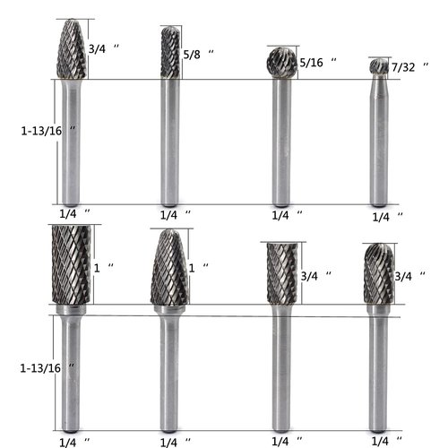 Carbide Burr Set 8pcs JESTUOUS 1/4 Inch Shank Diameter Double Cut Rotary Files Metal Grinding Polishing Carving Tool Drill Bits for Die Grinder Kits