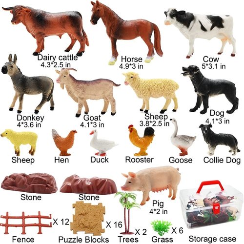 Farm Animals Figurines Toys, 53PCS Realistic Plastic Farm Playset with Fences Soil Building Blocks, Farm Figures Learning Educational Toys for Boys Girls, Toddlers Cupcake Topper Birthday Set