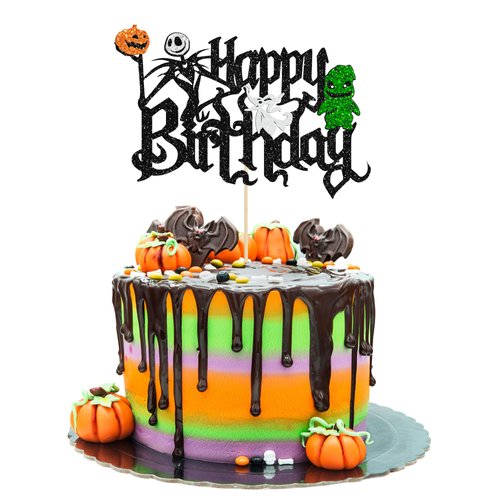 Gyufise 1Pc Halloween Happy Birthday Cake Topper Glitter Jack and Sally Pumpkin Bat Castle Ghost Halloween Cake Pick for Halloween Theme Baby Shower Kids Birthday Party Cake Decorations Supplies