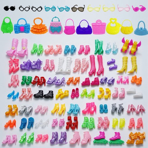 70PCS Doll Accessories 50 Pairs Doll Shoes 10 Doll Handbags 10 Doll Glasses Replacement Fashion Playset Accessories Different Assorted Colors High Heel Boots Sandals for 11.5 Inch Girl Doll