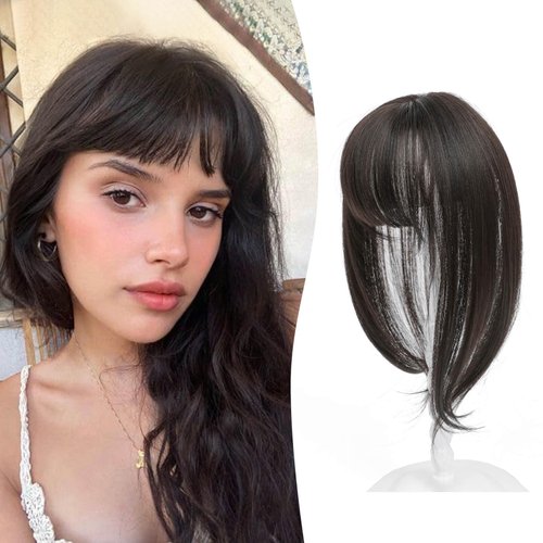 Megito Clip in Bangs, 360° Fake Bangs Hair French Bangs Clip in Hair Extensions, Black Brown Hair Bangs Toppers for Women Wispy Bangs with Hairpieces Clip in Bangs for Daily Wear