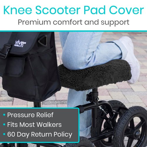 Vive Mobility Knee Scooter Pad Cover - Soft Plush Adult Sheepskin Memory Foam Cushion, Walker Accessory for Knee Roller, Padded Accessories Leg Cart Improves Comfort with Injury, Universal Fit (Black)