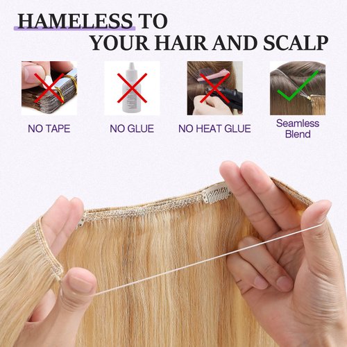 Halo Hair Extensions Real Human Hair,Prokyvity Halo Hair Extension 100% Human Hair,Halo Extensions Real Human Hair,Human Hair Halo Extensions,18P613 Gold Blonde Mixed Bleach Blonde 16inch