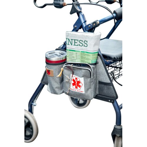 Pf Rollator Walker Attachment Side Bag with Cup Holder Deluxe Rolling Walker Pouch, Adult Folding Walker Accessories for Seniors or Elderly (Gray)
