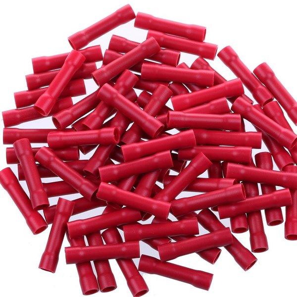 AIRIC Red Butt Connectors Crimp 100pcs 22-16AWG Butt Connector Fully Insulated PVC Wire Butt Splice Connectors, 22-16 Gauge