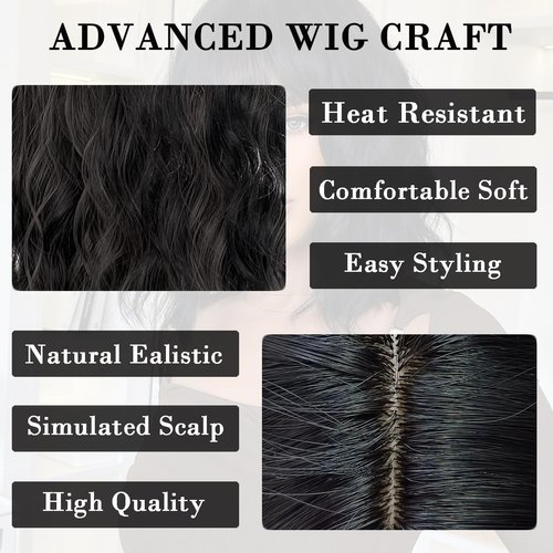 Doremiy Short Bob Black Wavy Wigs for Women Natural Shoulder Length Wig with Bangs Synthetic Wigs for Daily Cosplay