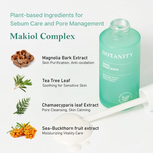 BOTANITY Makiol Serum: Oil-control, hydration boost, pore minimizer, non-greasy formula, Korean skincare for acne-prone and oily skin, Cruelty-free, 1.69 fl oz.