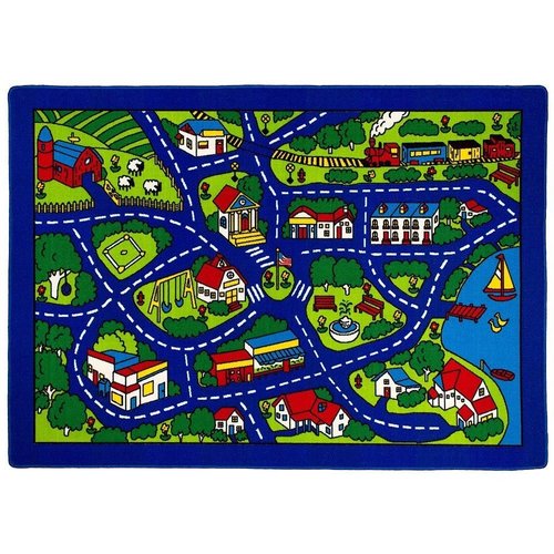 Champion Rugs Kids/Baby Room/Daycare/Classroom/Playroom Area Rug. City. Roads. Map. Train Tracks. Cars. Play Mat. Fun. Educational. Non-Slip Gel Back. Blue (5 Feet X 7 Feet)
