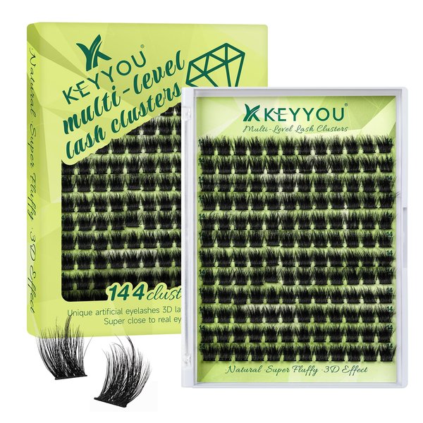 Lash Clusters 3D Effect Eyelash Clusters KEYYOU 144pcs D Curl 14mm Wispy Lashes Fluffy Cluster Lashes Natural Soft DIY Lash Extension(Empower-D-14)