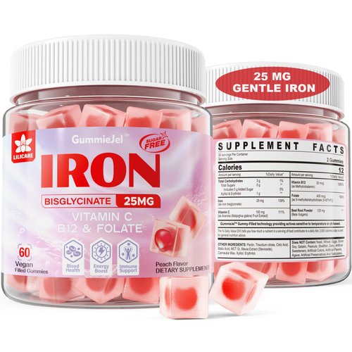 Iron Supplement for Women Anemia, Non-Constipating Sugar Free Iron Gummies 25mg w/Vitamin C, Beet Root, B12, Folate for Iron Deficiency, Energy Boost, No Rust Taste Chewable Gentle Iron, Vegan 60 Cts