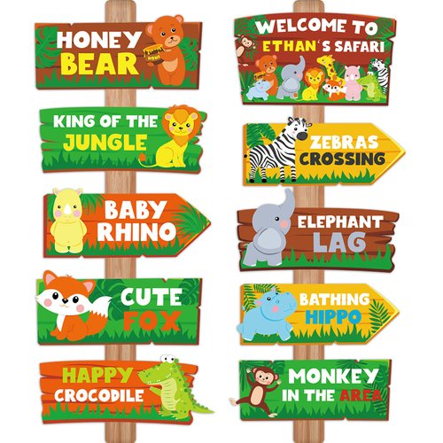 HOWAF 20pcs Jungle Safari Party Sign, Jungle Animal Directional Sign for Birthday Party Baby Shower Decorations Supplies, Wild Animal Party Decoration Welcome Sign, Zoo Animals Paper Sign