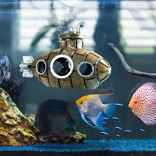 Floating Fish Tank Decoration, Little Cute Retro Submarine Aquarium Decoration with Two Float Balls , Resinous Fish Tank Accessorie, Safe Fish Toy for Betta Cichlid Goldfish Shrimps Hermit Crabs