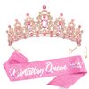 Atoden Pink Birthday Crown and Birthday Queen Sash Birthday Girls Tiara Crystal Crown for Women Princess Birthday Party Decorations Rhinestone Birthday Headband Happy Birthday Accessories for Party Gifts