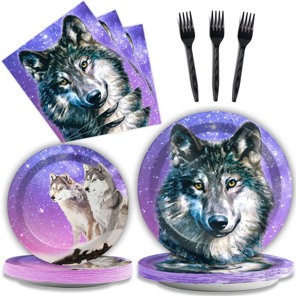 Wiooffen 96 Pcs Wolf Party Supplies Plates Napkins Forks Tableware Set Wolf Animal Birthday Disposable Dinnerware Decoration for Boys Girls Birthday Baby Shower, 24 Guests