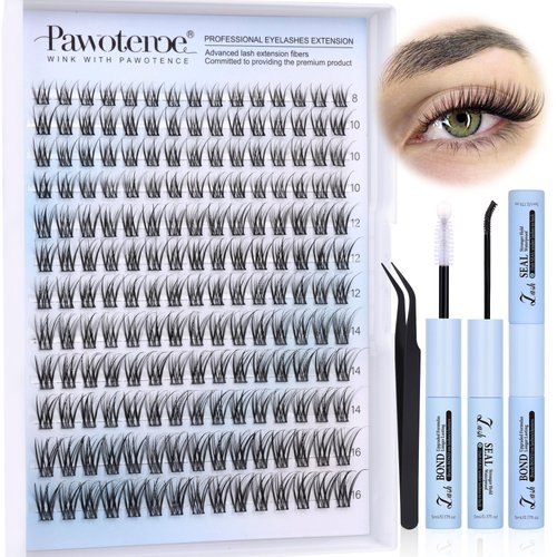 Pawotence Lash Clusters Kit Wispy Lash Extension Kit Natural 180pcs Cluster Eyelash Extensions Kit Individual Lashes 8-16mm Eyelash Clusters Kit with Lash Cluster Glue Bond Seal and Lash Tweezers