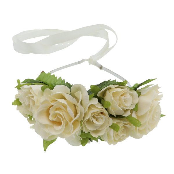 Double Rose Flower Wreath Headband with Ribbon for Women - Ivory