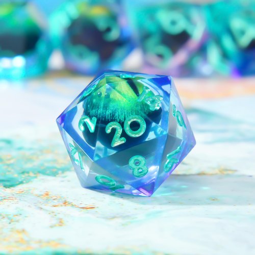 Beholder's Dragon Eye DND Dice Set,Sharp Edge Liquid Core Resin Handmade Cat Eye Dice with Gift Box 7 PCS for Role Playing Dungeons and Dragons Ttrpg(Green Purple Dargon Eye)