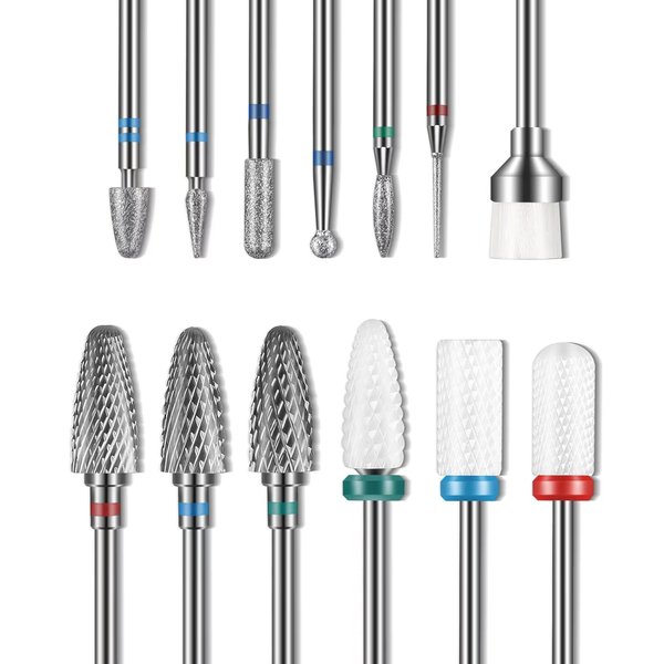 Depvko 13PC Nail Drill Bits Set, Drill Bits for Nails, 3pcs Tungsten Carbide Drill Bits+ 3pcs Ceramic Efile Nail Drill Bits+ 6pcs Diamond Drill Bits+ 1pcs Brush, 3/32 inch Nail Bits for Nail Drill