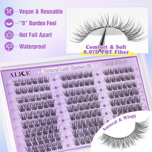 ALICE Wispy Lash Clusters Kit, Natural Lash Extension Kit Cluster Eyelash Extension Kit, 162pcs C Curl 10-14mm Eyelash Clusters with Lash Glue Bond and Seal Tweezers
