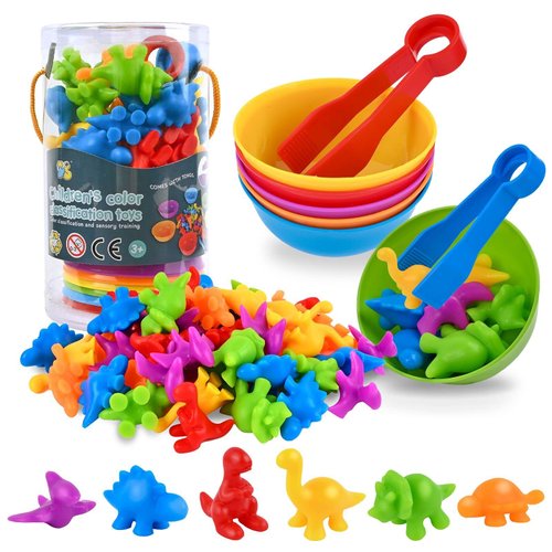 FLMRIOY Counting Dinosaurs Toy Matching Games, 56 Pcs Color Sorting Toys with Bowls Preschool Learning Math Activities for 3-6 Kids Toddlers Gift