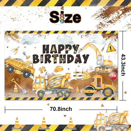 Avezano Construction Birthday Backdrop Banner Construction Theme Birthday Party Decorations Excavator Happy Birthday Banner for Boys Kids Birthday Supplies 70.8 x 43.3 Inch