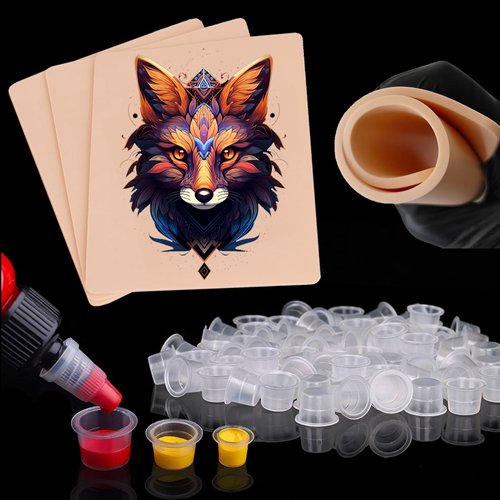 3MM Tattoo Practice Skin with Ink Caps - 1000pcs Tattoo Ink Cups Mixed Size and 3pcs 3MM Fake Skin for Tattoo Blank Tattoo Skin 3mm Tattoo Practice Kit for Tattoo Accessories