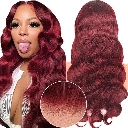 Ding Dian 99j Burgundy Lace Front Wigs Human Hair 28 Inch 13x4 Body Wave Lace Front Wigs Human Hair Glueless Wigs Human Hair Pre Plucked Pre Cut Red Lace Front Wigs Human Hair 180 Density for Women