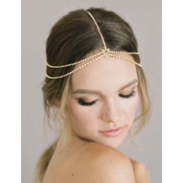 Jumwrit Dainty Layered Rhinestone Head Chain for Teens Bohemian Forehead Bridal Headpiece Wedding Hair Accessories for Women and Girls（Silver）