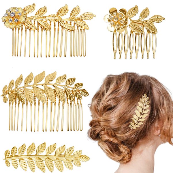 BOYIVI 4 PCS Hair Comb Set, Gold Leaf Hair Side Combs with Teeth, Hair Barrette, Rhinestone Wedding Headpiece Hair Accessories for Women, Girls, Bride, Bridesmaid