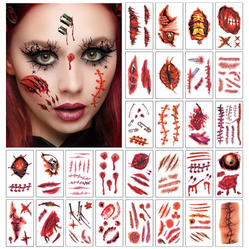 TORMEN 30 Sheets Colorful Temporary Tattoos ，Horror Style Temporary Tattoos– Waterproof, Realistic & Long-Lasting Fake Tattoos for Women, Men, Kids, Festival, Cosplay, Halloween (WA- Style)